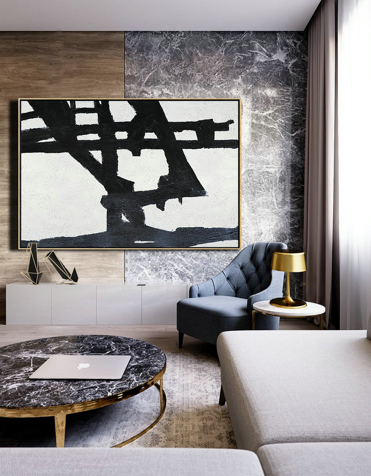 Hand Painted Original Art,Hand Painted Oversized Horizontal Minimal Art On Canvas, Black And White Minimalist Painting - Acrylic Painting Large Wall Art